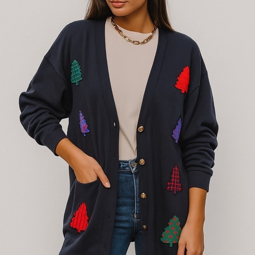 Vintage Westbound Oversized Cardigan with Colorful Embroidered Tree Accents